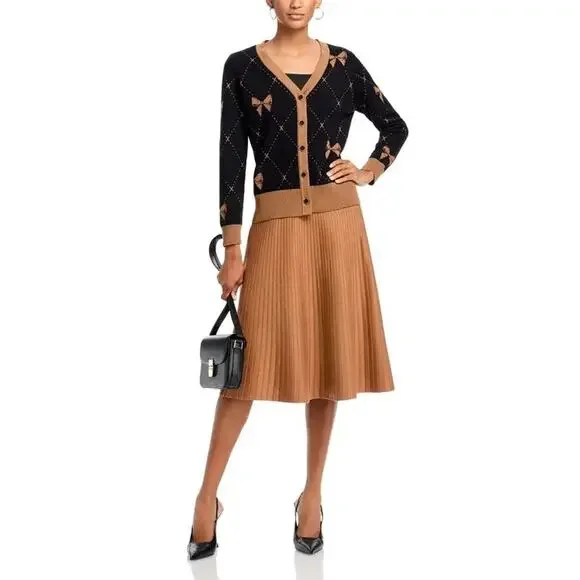 Nancy Yang Women Brown Rib Knit Cotton/Viscose Elegant A-line Midi Skirt Size S